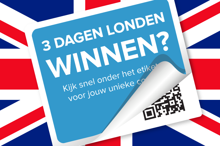 Promotieafbeelding met de tekst ‘3 dagen Londen winnen? Kijk snel onder het etiket voor jouw unieke code’, op de achtergrond van de Britse vlag en een QR-code.