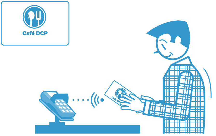 Café DCP contactloos betalen Illustratie van een man die contactloos betaalt met een Café DCP kaart bij een pinautomaat.