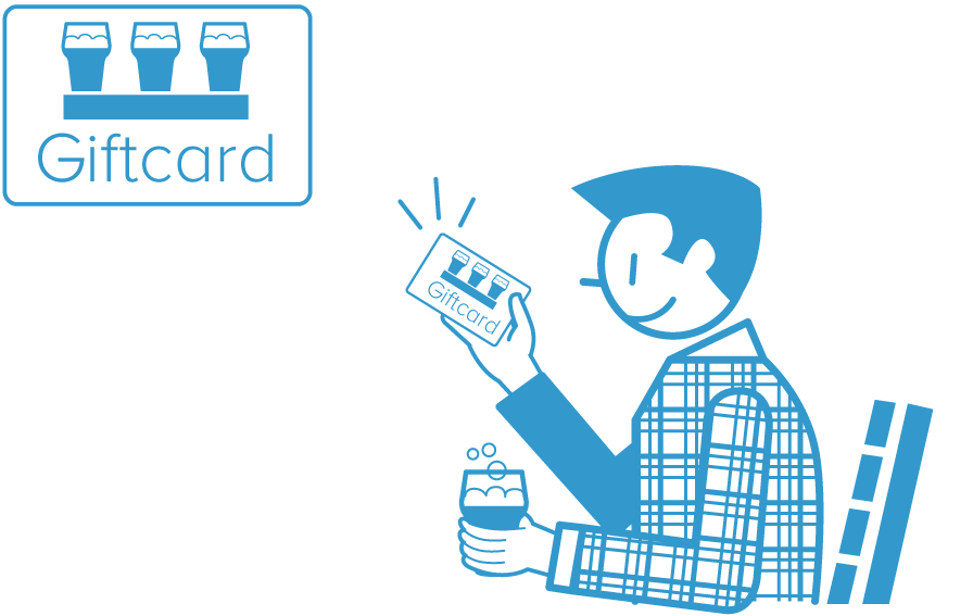 Café DCP giftcard Illustratie van een man die een Café DCP giftcard vasthoudt terwijl hij een drankje drinkt.